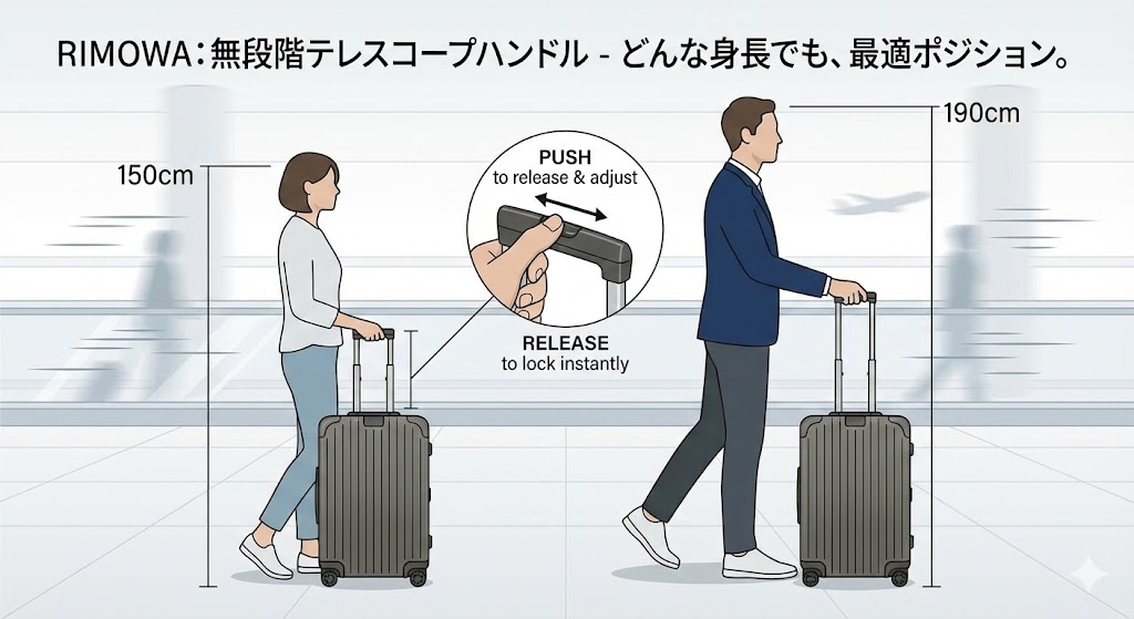 RIMOWAの無段階テレスコープハンドルの仕組みを示すイラスト図解。左側には身長150cmの女性が低い位置で、右側には190cmの男性が高い位置で、それぞれ自分に最適な高さにハンドルを固定してスーツケースを引いている様子が描かれている。中央の拡大円では、ハンドルのボタンを押している間だけロックが解除されて調整でき、離すとその場で瞬時にロックされる操作方法が説明されている。「どんな身長でも、最適ポジション」というキャッチコピーが添えられている。