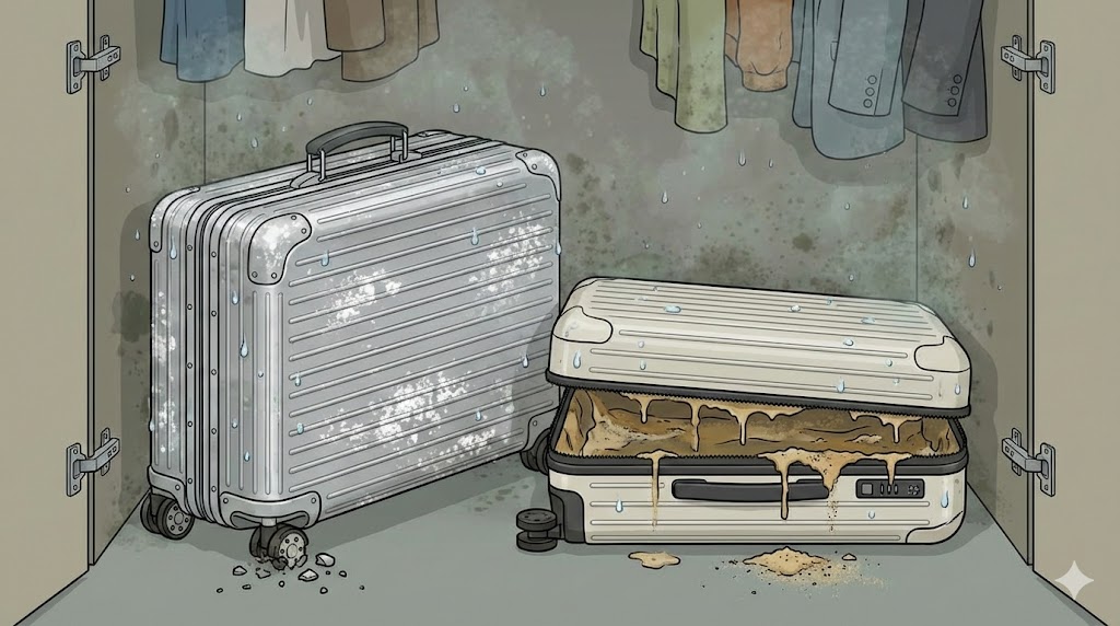 湿気の多いクローゼットで保管され、白サビとキャスター破損が発生したアルミ製RIMOWAと、内装が加水分解して溶け出しているポリカーボネート製RIMOWAのイラスト。