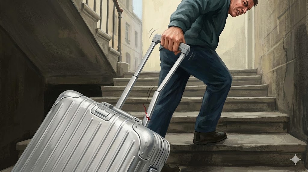 古い石畳の階段で、男性がRIMOWA（リモワ）のシルバーのアルミニウム製スーツケースを、伸ばしたテレスコープハンドルで無理に引き上げようとしているイラスト。ハンドルの根元部分が赤くひび割れ、破損している様子が描かれている。